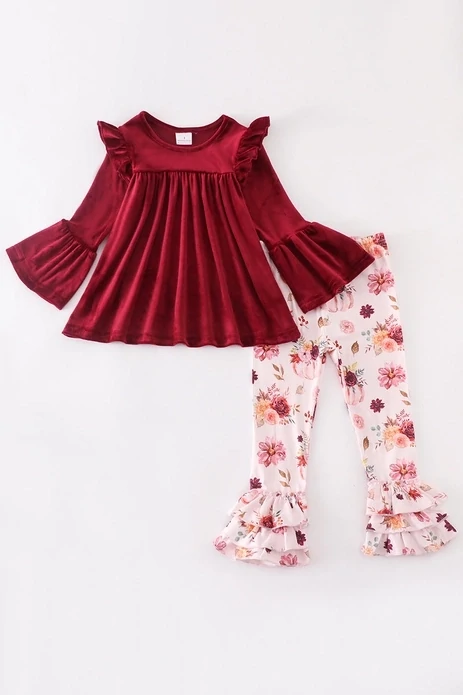 Girls Maroon Pumpkin Floral Velvet Ruffle Pants Set