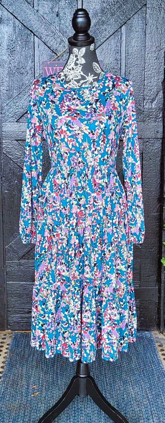 Teal Floral Print Tiered Dress with Pockets