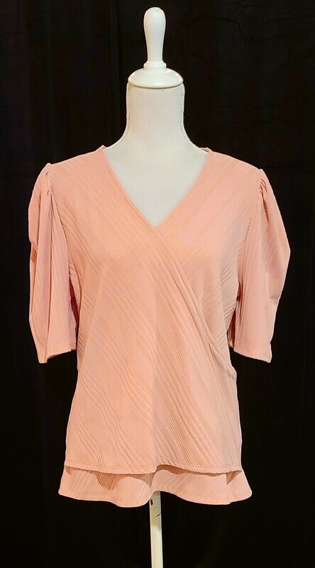 Plus Size Pink V Neck Top with Puff Sleeves
