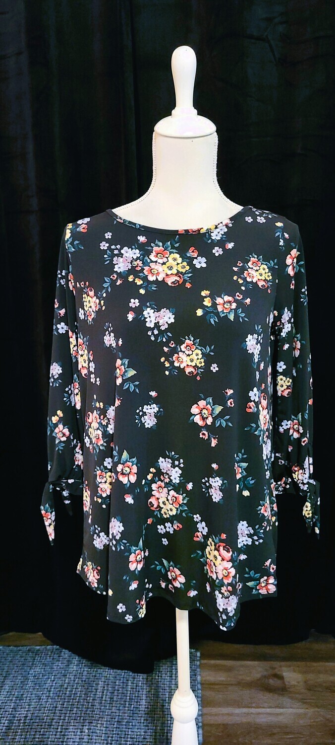 Black Floral Tie Sleeve Top