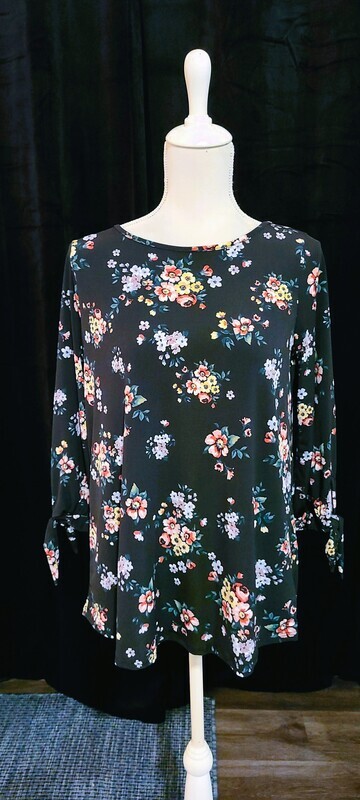 Black Floral Tie Sleeve Top