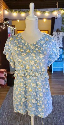 Light Blue Floral Top with Ruffle