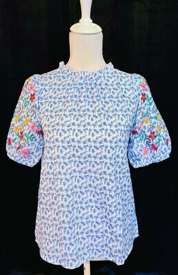 Blue Floral Top with Embroidered Puff Sleeves