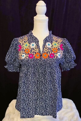 Navy Floral Smocked Puff Sleeve Top