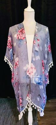 Gray Floral Kimono with Tassels