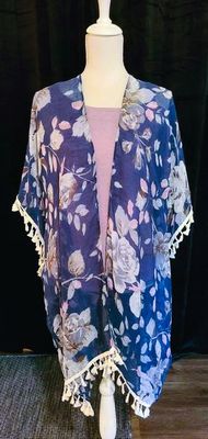 Blue Floral Kimono with Tassels