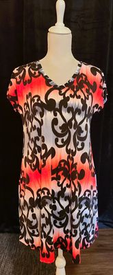 Black and Red Damask Print Dress with Pockets