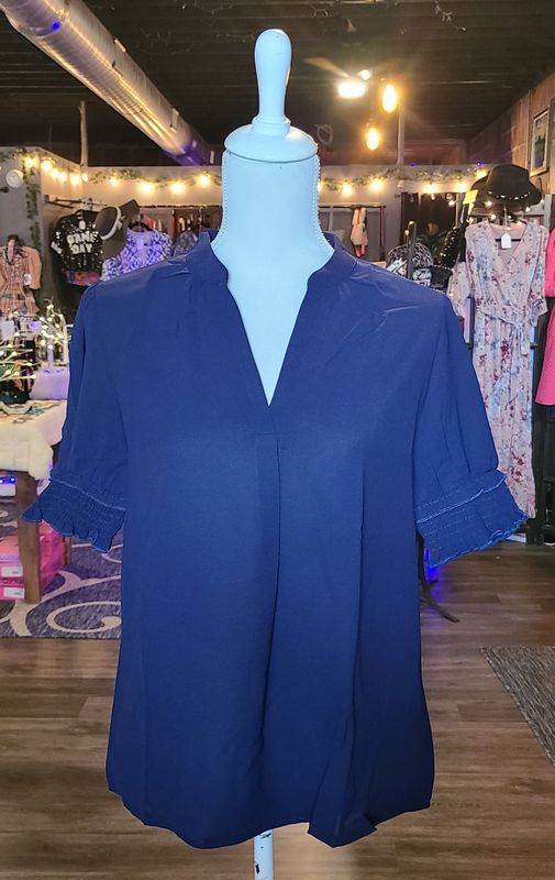 Navy V Neck Top with Smocked Sleeves