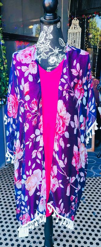 Navy Floral Kimono with Tassels