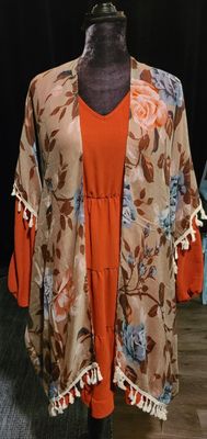 Khaki Floral Kimono with Tassels