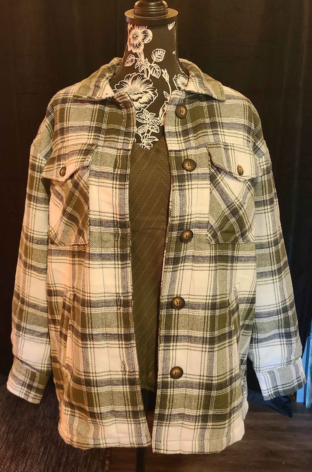 Olive Plaid Sherpa Lined Shacket with Pockets