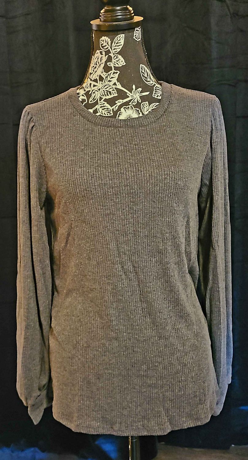 Charcoal Gray Ribbed Puff Sleeve Top
