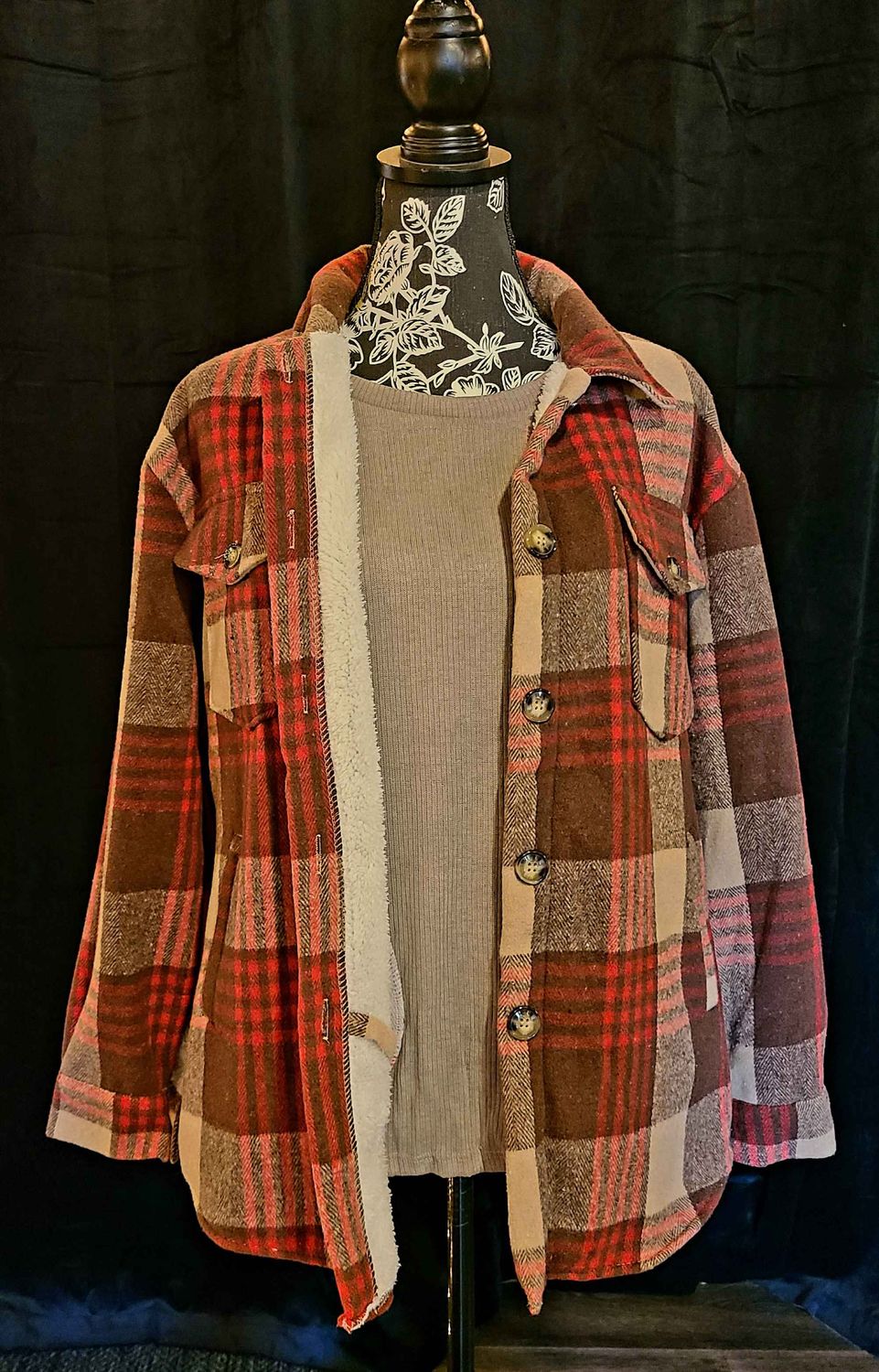 Brown and Red Fur Lined Shacket with Pockets