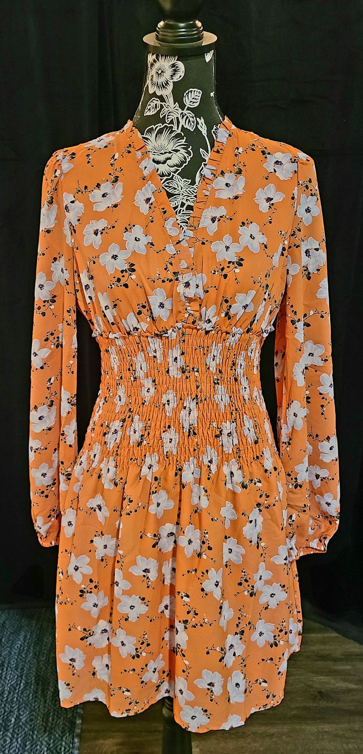 Orange Floral Smocked Waist Dress