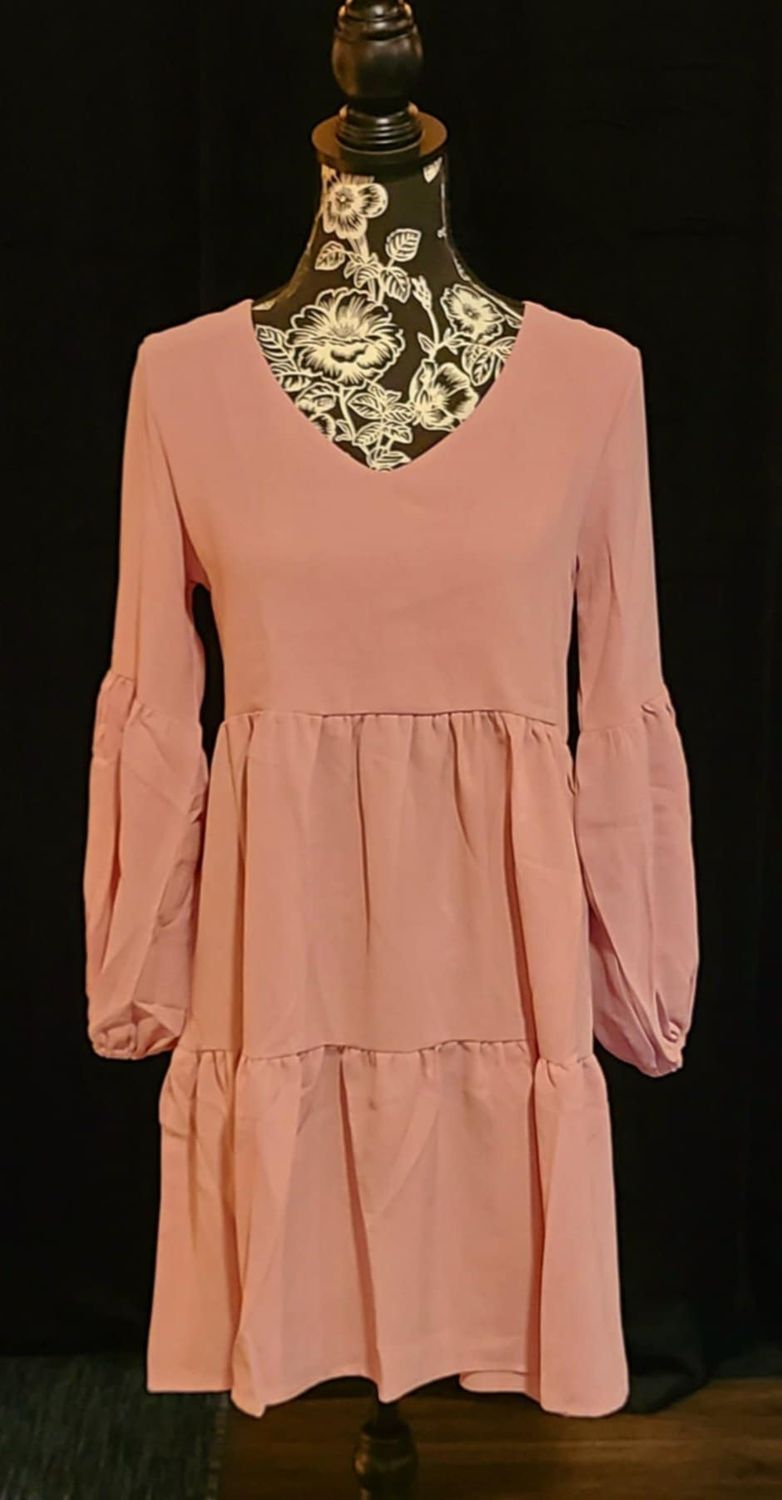 Dusty Pink Puff Sleeve Tiered Dress