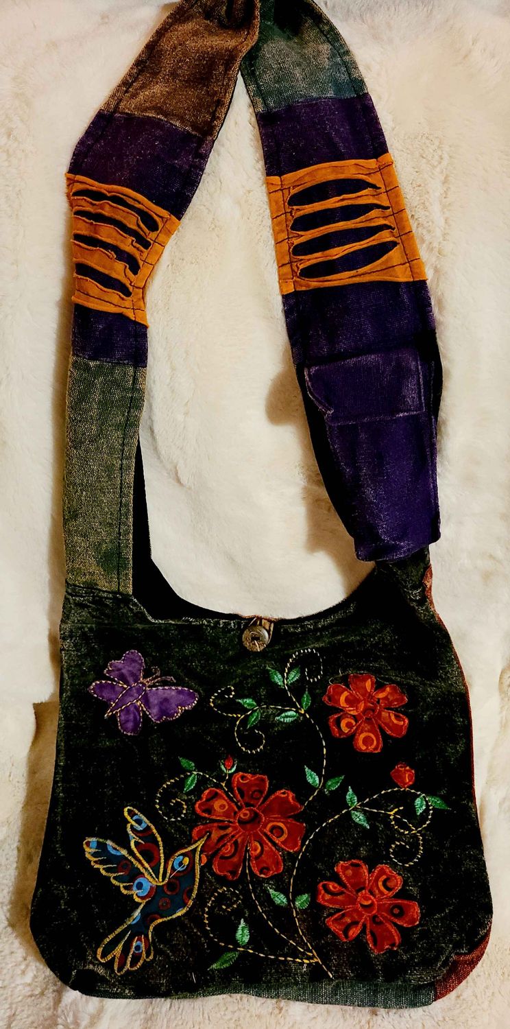 Purple Butterfly and Hummingbird Boho Hobo Bag