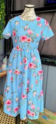 Blue and Pink Floral Tiered Dress with Pockets