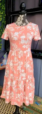 Pink and White Floral Dress with Pockets