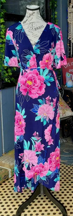 Navy with Pink Floral Wrap Maxi Dress