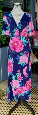 Navy with Pink Floral Wrap Maxi Dress