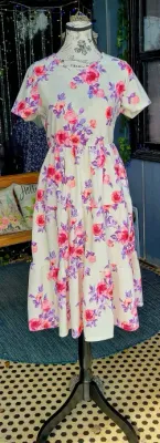 Ivory with Pink and Purple Floral Tiered Dress with Pockets