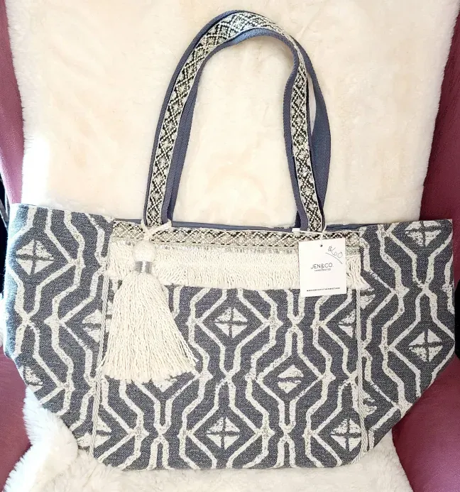 Jen and Co Blue Handmade Tote Bag with Tassel