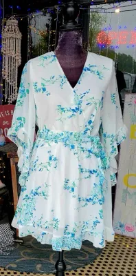 White with Blue Floral Belted Dress
