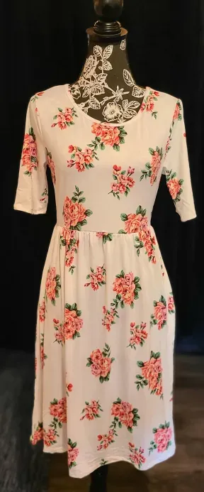 White with Pink Floral Dress with Pockets