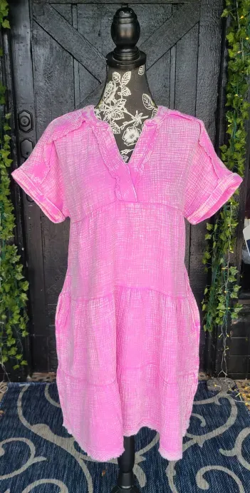 Zenana Pink Reverse Stitch V Neck Dress with Pockets