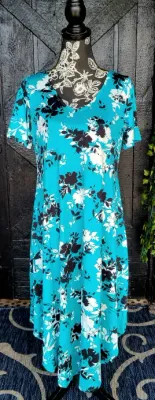 Turquoise with Black and White Floral Dress