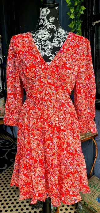 Red Floral V Neck Dress
