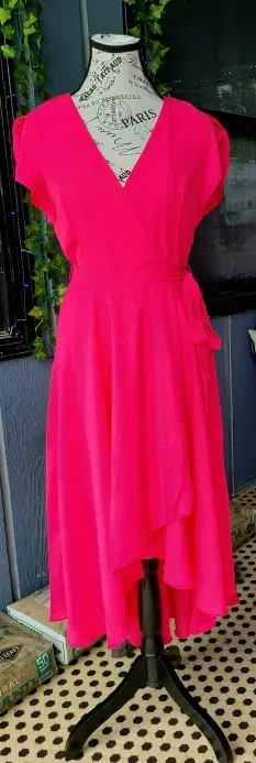 Fuchsia Ruffle Sleeve V Neck Dress