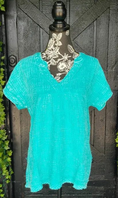 Zenana Turquoise Reverse Stitch Top with Pockets