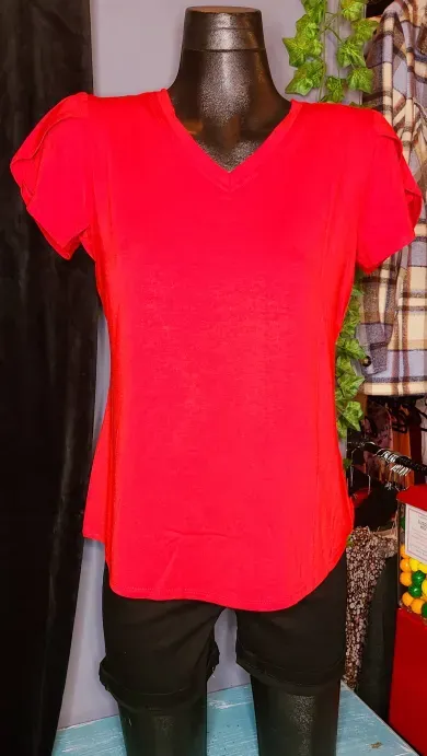 Red V Neck Tulip Sleeve Top