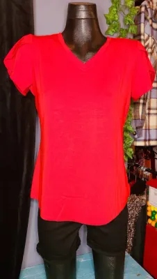 Red V Neck Tulip Sleeve Top