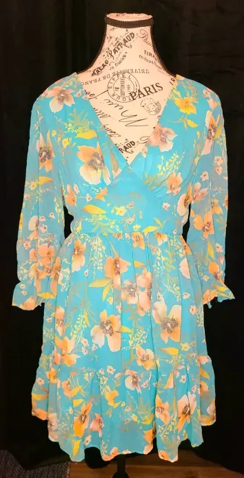 Emerald with Peach Floral V Neck Dress