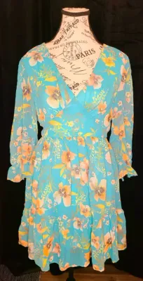 Emerald with Peach Floral V Neck Dress