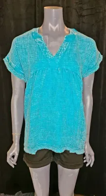 Zenana Teal Reverse Stitch Top with Pockets