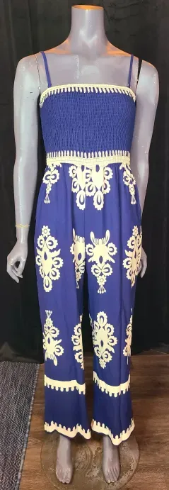 Navy and White Smocked Jumpsuit with Pockets