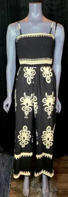 Black and White Smocked Jumpsuit with Pockets