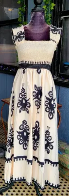 Ivory and Black Sleeveless Smocked Maxi Dress