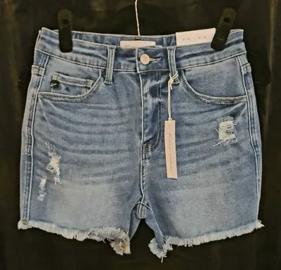 Kan Can Medium Wash High Rise Distressed Fray Shorts