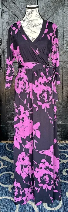 Black and Purple Faux Wrap Maxi Dress