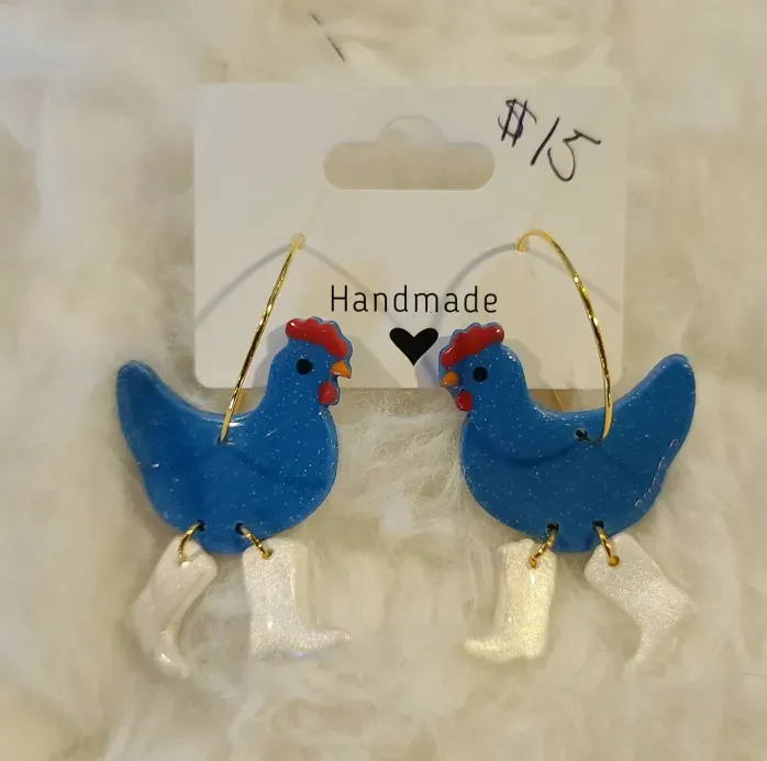 Blue Chicken with White Cowboy Boots on Gold Hoops Earrings