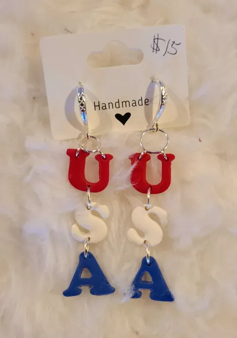 Red White and Blue USA on Silver Hooks Earrings