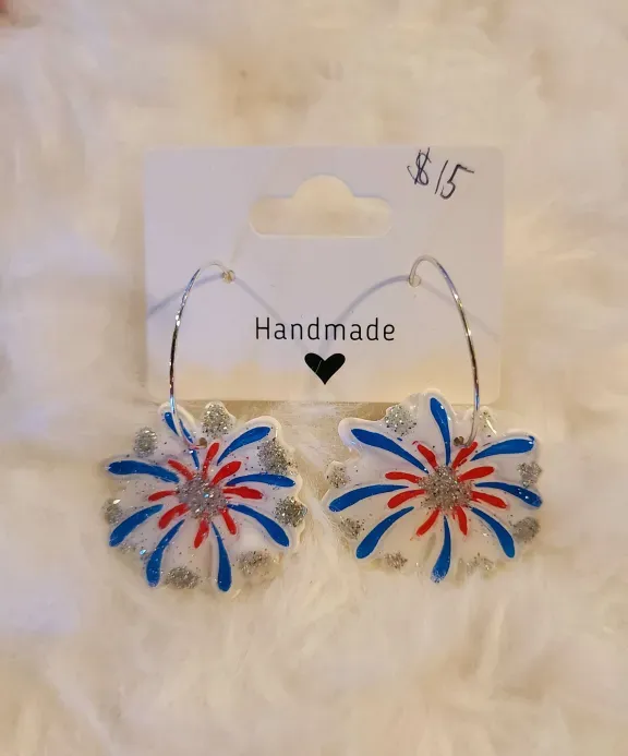 Red White and Blue Fireworks on Silver Hoops Earrings