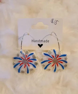 Red White and Blue Fireworks on Silver Hoops Earrings