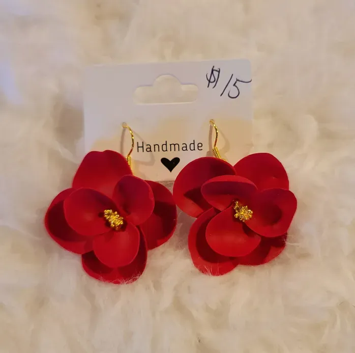 Red Flowers on Gold Hooks Earrings