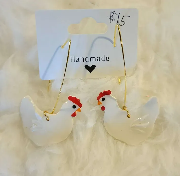 White Chickens on Gold Hooks Earrings