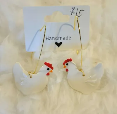 White Chickens on Gold Hooks Earrings